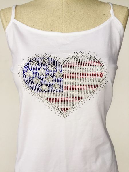 Bling American Flag Heart - spagetti strap tank top - White