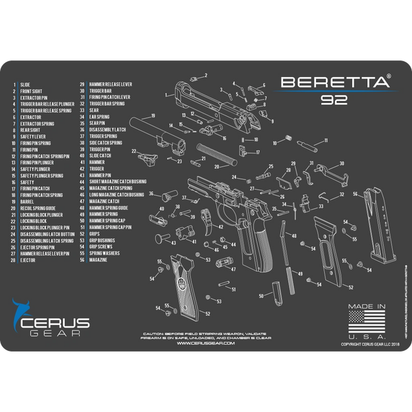 SCHEMATIC MOUSE MAT GUN CLEANING PROMAT for BERETTA 92 or M9 9mm PISTOL by CERUS GEAR