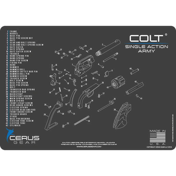 COLT 45 SINGLE ACTION ARMY PEACEMAKER REVOLVER SCHEMATIC PROMAT - Black/Grey or Vintage Brown