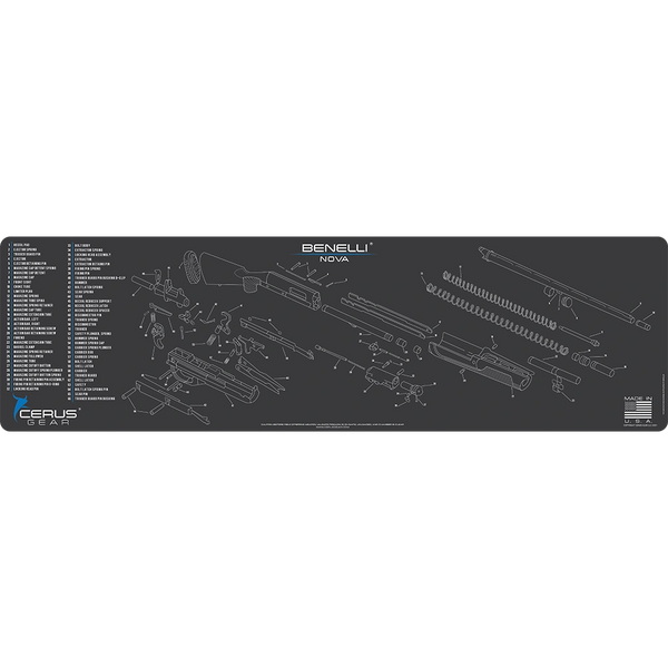 BENELLI NOVA Pump Action Shotgun SCHEMATIC Heavy Duty Cleaning and Disassembly Armourer's Bench Mat by Cerus Gear USA - ProMat