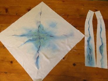 White and abstract blue designs handmade and hand painted funeral pall and clergy stole set