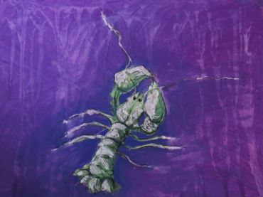 Lobsta 1 Painting Of Green Lobster| Mixed Media On Paper 