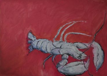 Lobsta 2 Painting Of Blue Lobster | Mixed Media On Paper
