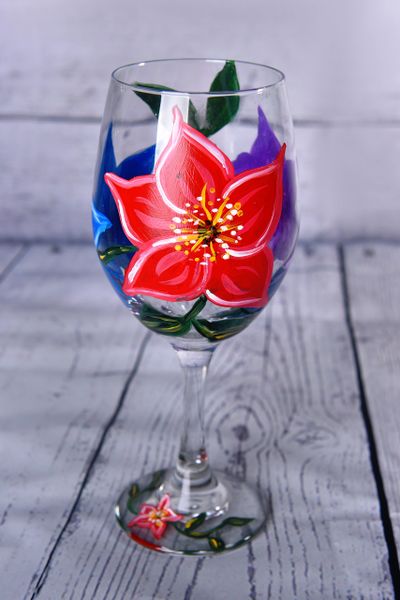 Tricolor Flowers Wine Glass 20oz Hand Painted Sold Per Wine