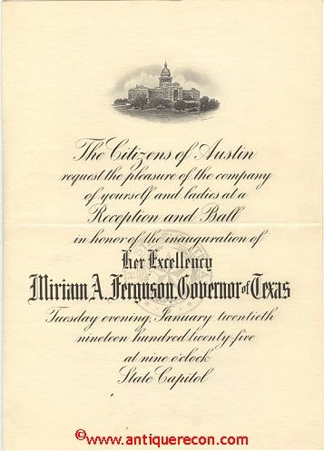 Texas Governor Miriam Ferguson Inaugural Ball Invitation Antique Recon