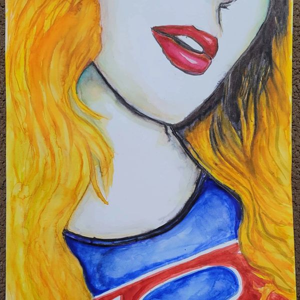 Watercolor painting of a woman with red lips and flowing orange hair.