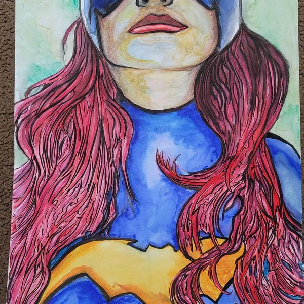 Watercolor painting of a female superhero with red hair and blue costume.