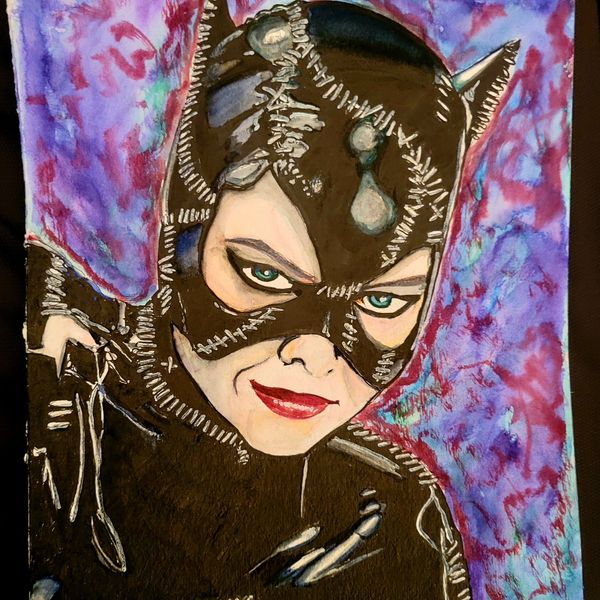 A detailed painting of Catwoman in her stitched black costume against a purple background.