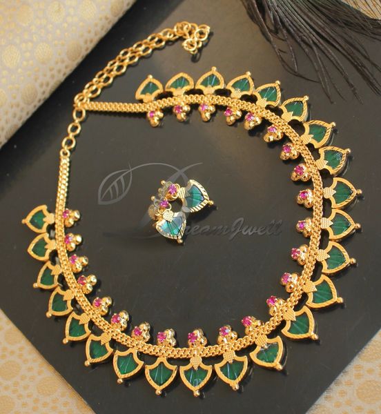 BEAUTIFUL GOLD PLATED GREEN PALAKKA DESIGNER NECKLACE SET DJ22899