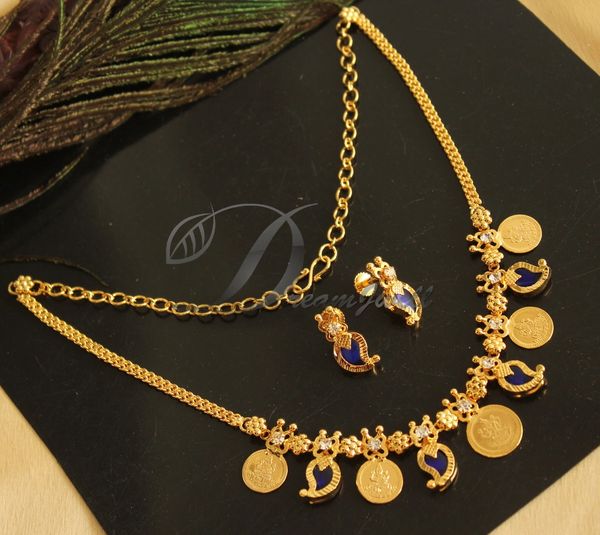 BEAUTIFUL GOLD TONE KERALA STYLE BLUE MANGO COIN NECKLACE ...