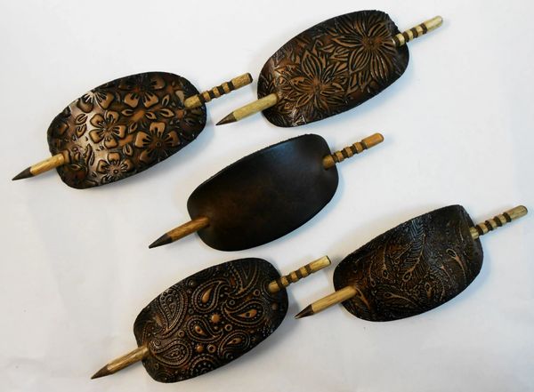 2 Leather Stick Hair Barrettes Oval Shape Brown Or Black Patterns