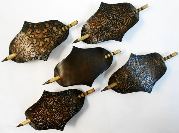 2 Leather Stick Hair Barrettes Oval Shape Brown Or Black Patterns