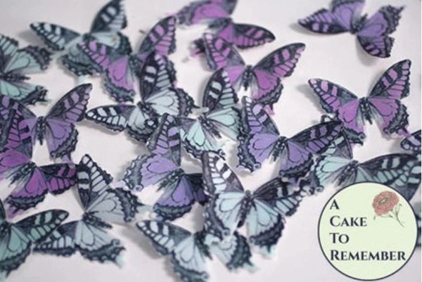 24 light blue and lavender edible butterflies for cake decorating