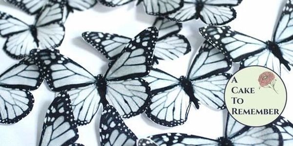 black and white edible monarch butterflies made from wafer paper