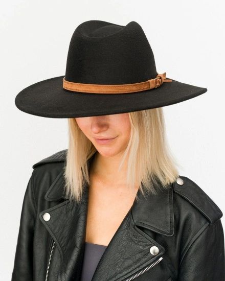 Black Fake Wool Wide Brim Hat B35
