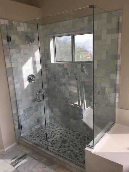 Frameless Shower Door With Notched Inline Panel And 90