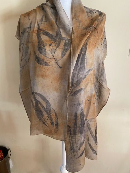 Eco Dyed 100% Pure Silk Scarf Unique gift. Natural dyes subtle eco-printed with eucalyptus leaves lightweight and soft
