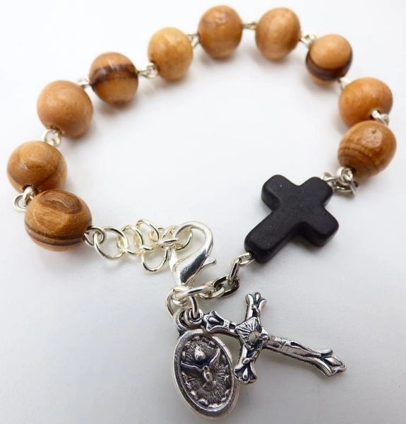 Dark Wood Rosary Bracelet with Custom Saint Medal