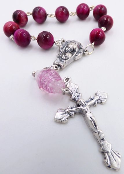 SINGLE DECADE CHAPLET - PINK TIGER EYE NATURAL GEMSTONE POCKET ROSARY ...