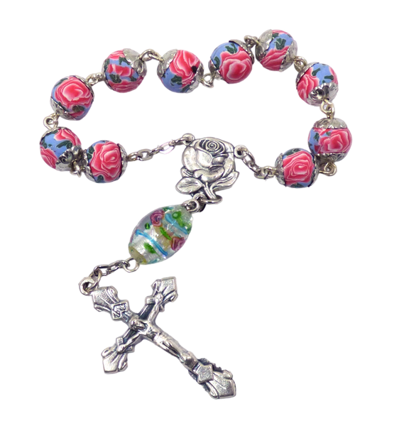 SINGLE DECADE CHAPLET - PINK ROSE FIMO CLAY ROSARY