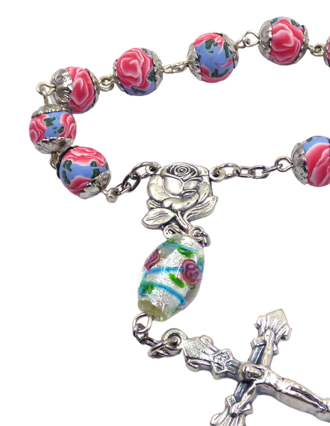 SINGLE DECADE CHAPLET - PINK ROSE FIMO CLAY ROSARY