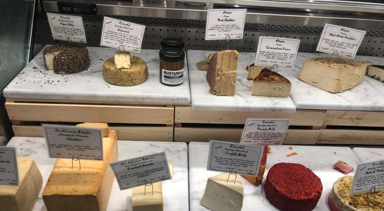 Vegan cheese display at Riverdel at Essex Market