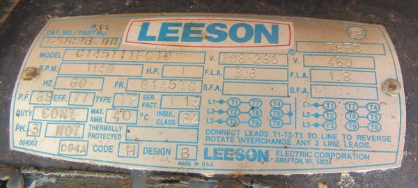 Used Leeson 1 Hp 3 Ph G145tc Frame General Purpose Motor Nord 112 18 1 Ratio