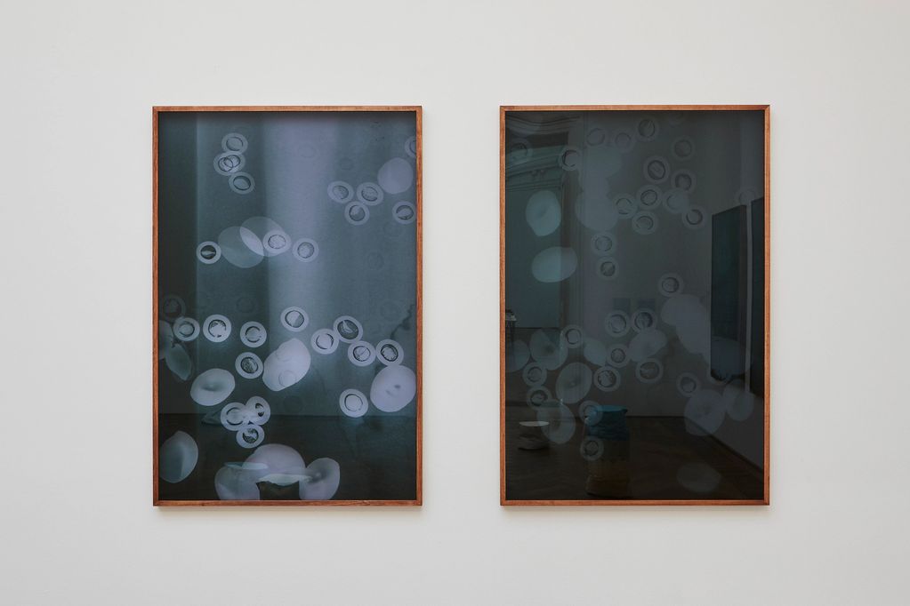 Two framed abstract artworks with circular patterns on a dark background.