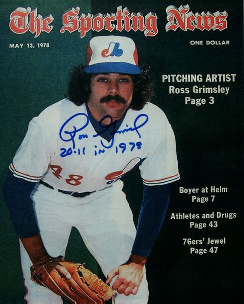 Ross Grimsley autograph 8x10, Montreal Expos, 20-11 inscription, Sporting News