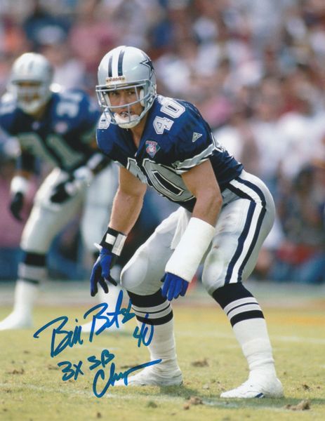 DenverAutographs Bill Bates Autographed/Signed Pro Style Blue XL Jersey 3X Champs Beckett