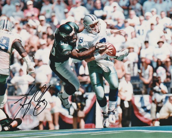 Hugh Douglas autograph 8x10, Philadelphia Eagles, sacking Aikman