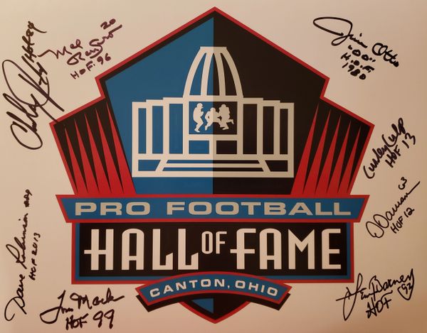 C. Taylor/Renfro/D. Robinson/Mack/Otto/Culp/Dawson/Barney autograph HOF 11x14, HOF inscriptions, 8 HOFers