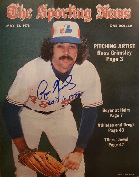 Ross Grimsley autograph 11x14, Montreal Expos, 20-11 inscription, Sporting News