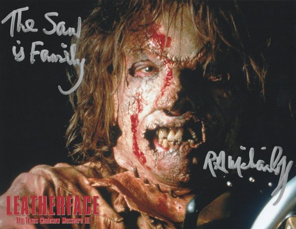 R.A. Mihailoff autograph 8x10, Leatherface III, cool inscription