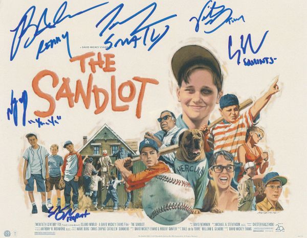 Adams/Guiry/DiMattia/Leopardi/York/Obedzinski autograph 8x10, The Sandlot, character inscriptions