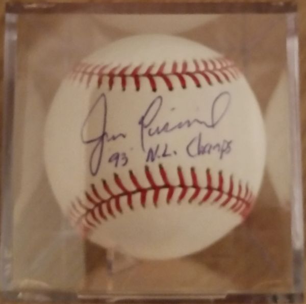 Jim Eisenreich, autographed MLB baseball, Philadelphia Phillies, 93 NL Champs inscription