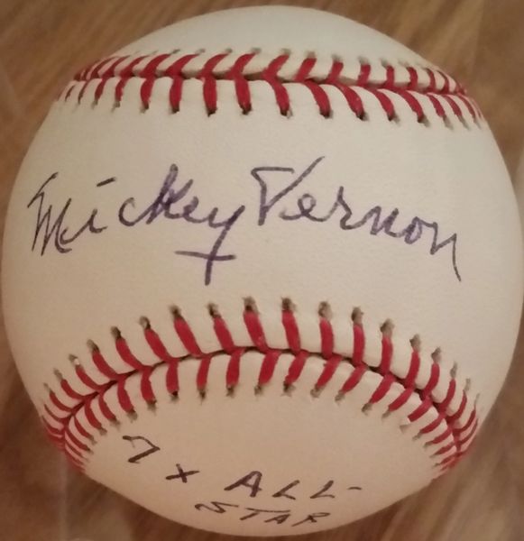 Mickey Vernon, autographed MLB baseball, Washington Senators, 7x All Star inscription
