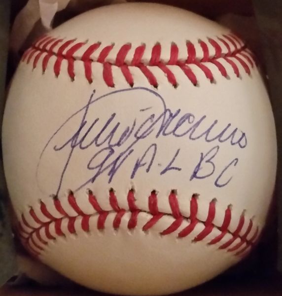 Julio Franco, autographed MLB baseball, Texas Rangers, 94 AL BA inscription