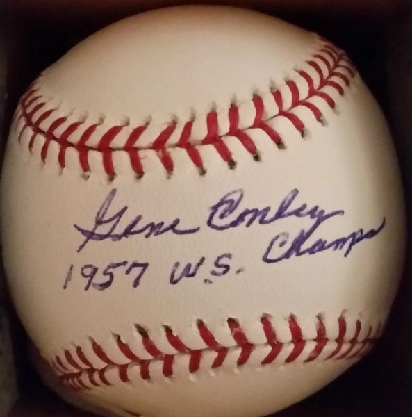 Gene Conley, autographed MLB baseball, 1957 WS Champs inscription