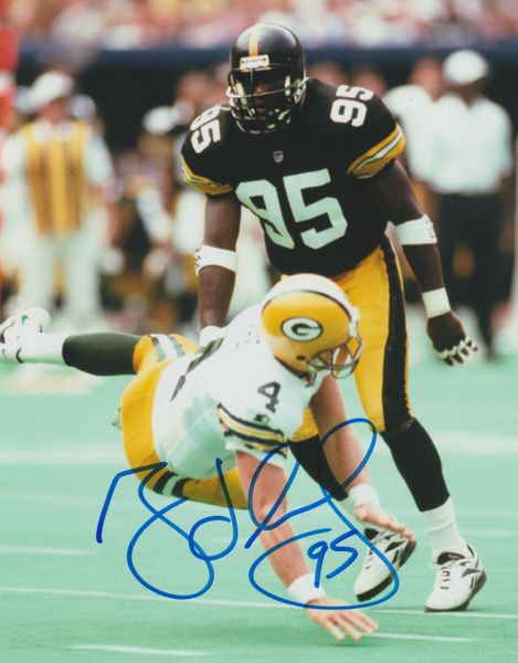 Greg Lloyd auto 8x10, Pittsburgh Steelers - hitting Farve