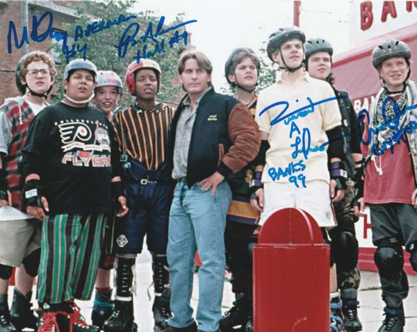 Autograph 8x10 of Larusso, Doherty, Henson and Adams, Mighty Ducks, rollerblade scene