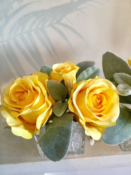 SET OF 2 YELLOW ROSE & FOLIAGE GLASS CUBE ARRANGEMENTS WITH FAUX WATER