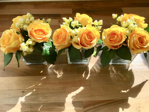 SET OF 3 YELLOW ROSE & BERRIES MOSS LINED GLASS CUBE FLOWER ARRANGEMENTS