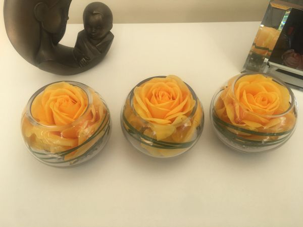 SET OF 3 LUXURY LARGE FULL BLOOM ROSE & GRASS HEAVY WEIGHT GLASS BOWL ARRANGEMENTS