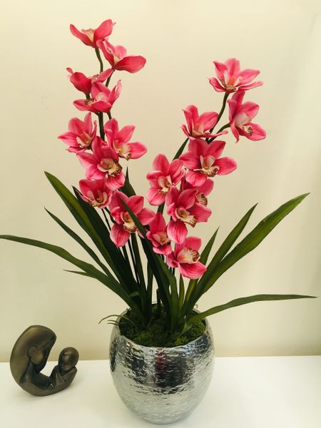 MAJESTIC EXTRA LARGE PINK DOUBLE STEM REAL TOUCH CYMBIDIUM ORCHID & LEAVES IN SILVER PLANTER