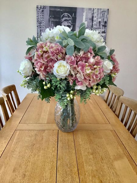 EXTRA LARGE DELUXE CENTREPIECE ARRANGEMENT - HYDRANGEAS , ROSES