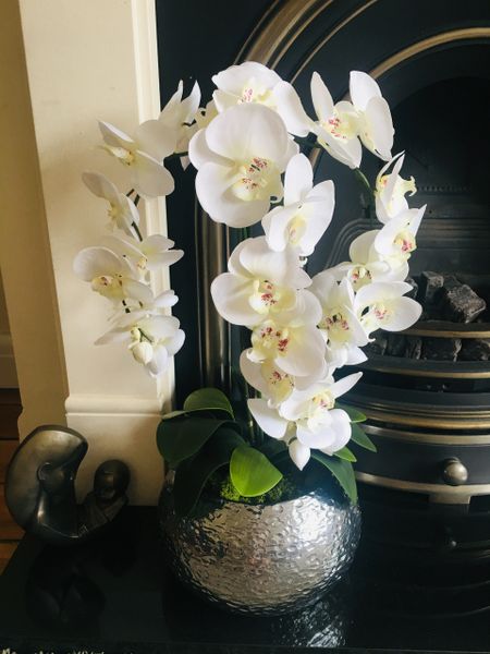 LUXURY SILK TRIPLE STEM EXTRA LARGE ORCHID ARRANGEMENT IN STATEMENT SILVER PLANTER