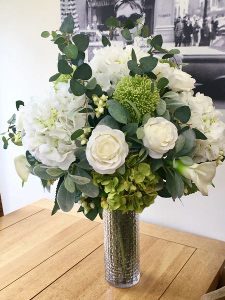 MAJESTIC EXTRA LARGE ROSE, HYDRANGEA, CALA LILY, ALLIUM & EUCALYPTUS TALL VASE ARRANGEMENT