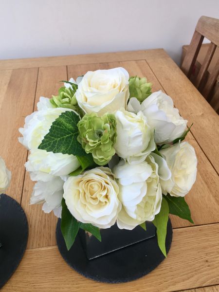 LUXURY IVORY/ CREAM ROSE, PEONY & HOPS CLUSTER MIRROR CUBE TABLE ARRANGEMENT