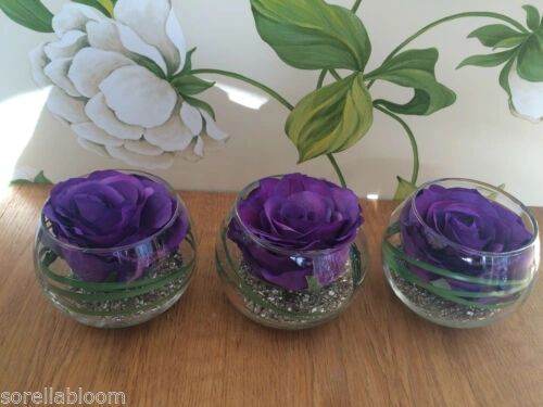 MODERN SET OF 3 PURPLE ROSE & GRASS ARTIFICIAL FLOWER ARRANGEMENTS IN GLASS BOWLS